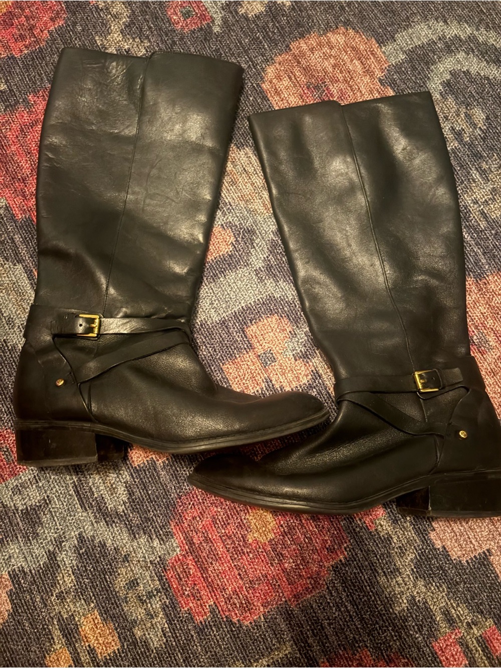 Ralph Lauren Black Leather Over-the-Knee Boots with Gold Buckle